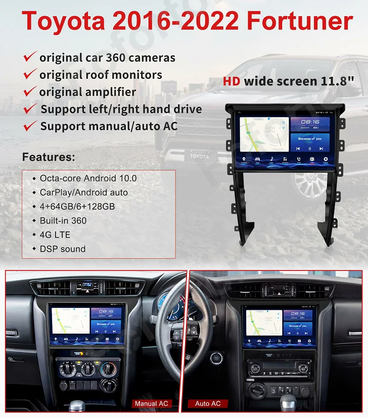 Android13 Touch Screen For Toyota Fortuner 2016-2022 Right Hand Drive Auto Stereo Radio Car GPS Navigation Multimedia Player