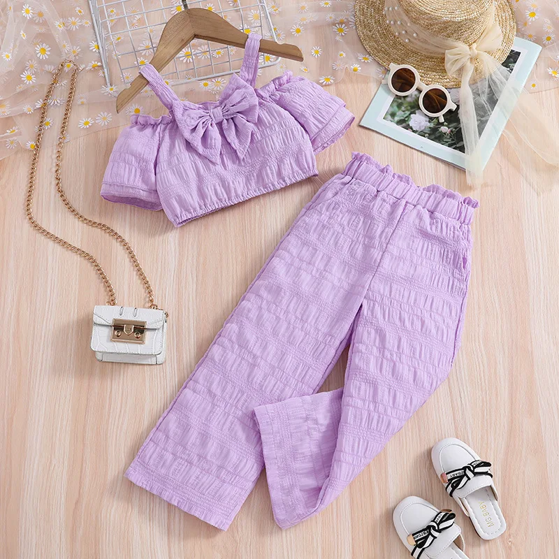 

2024 New Child Clothes Sets Short Sleeve Bow Tops Purple Ruched Shorts 2 Piece Sets Designer Girls Clothes Set 4-7T