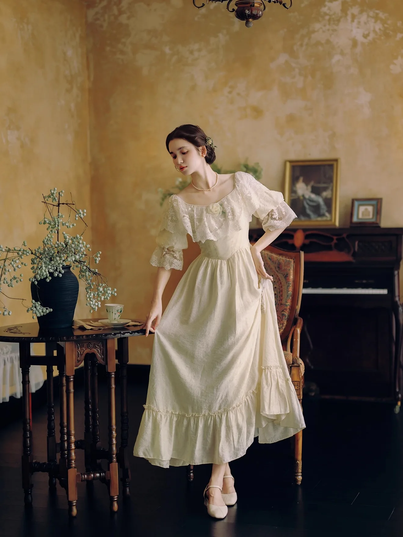 TIYIHAILEY Abito estivo da donna in pizzo di cotone con fodera mezza manica lunga maxi da donna S-XL fiori staccabili vintage a vita alta