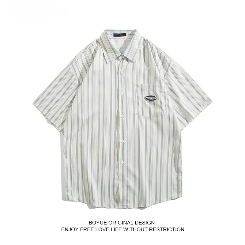 

Мужская летняя повседневная рубашка в полоску в японском стиле, свободного кроя, с воротником-стойкой, для молодежи, трендовая, простая