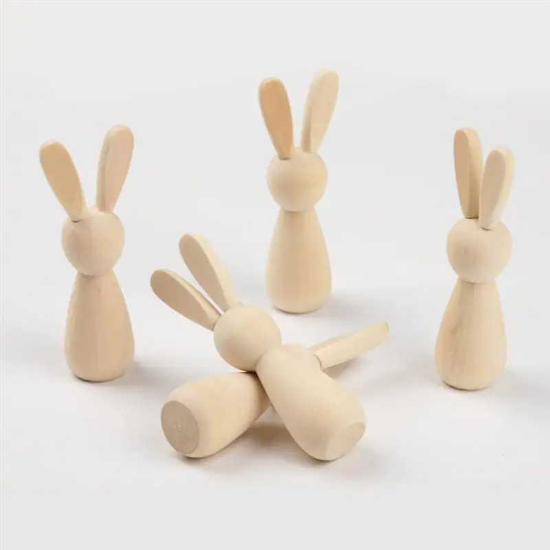 6Pcs Easter Bunny Ornaments DIY Wooden Bunny Dolls Unpainted Natural Wooden Small Crafting Crafts Unfinished Wood Dolls