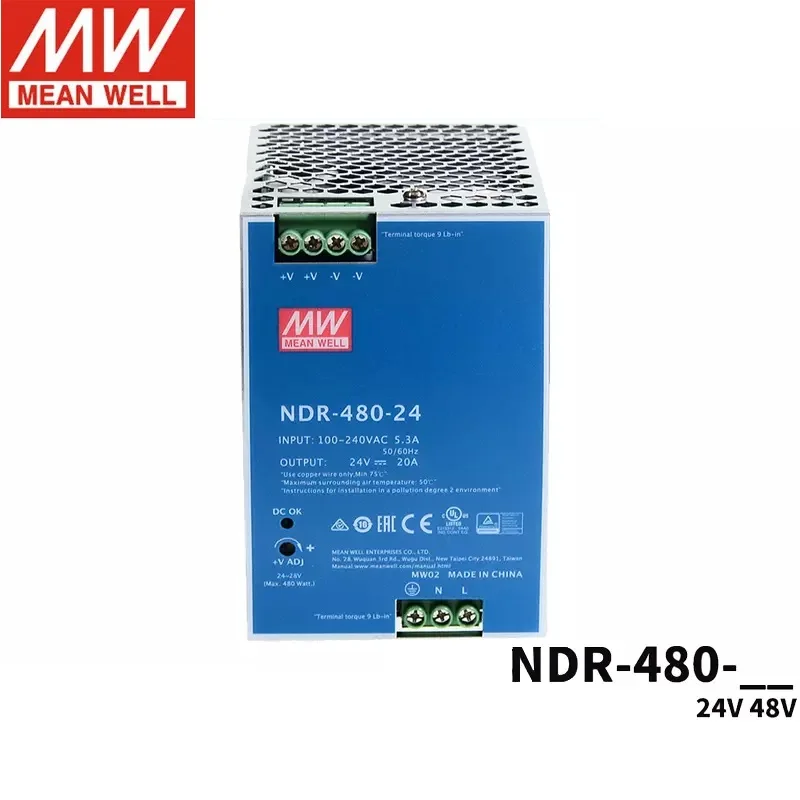 MEAN WELL Switching power supply NDR-480W 220V to 24V 48V guide rail 20A DRP transformer PLC drive industrial control 480W