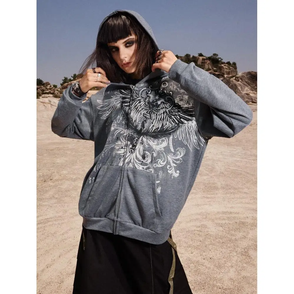 

Женский кардиган с капюшоном на молнии с принтом орла, свободного кроя, из полиэстера, повседневный, весенне-осенний, модный