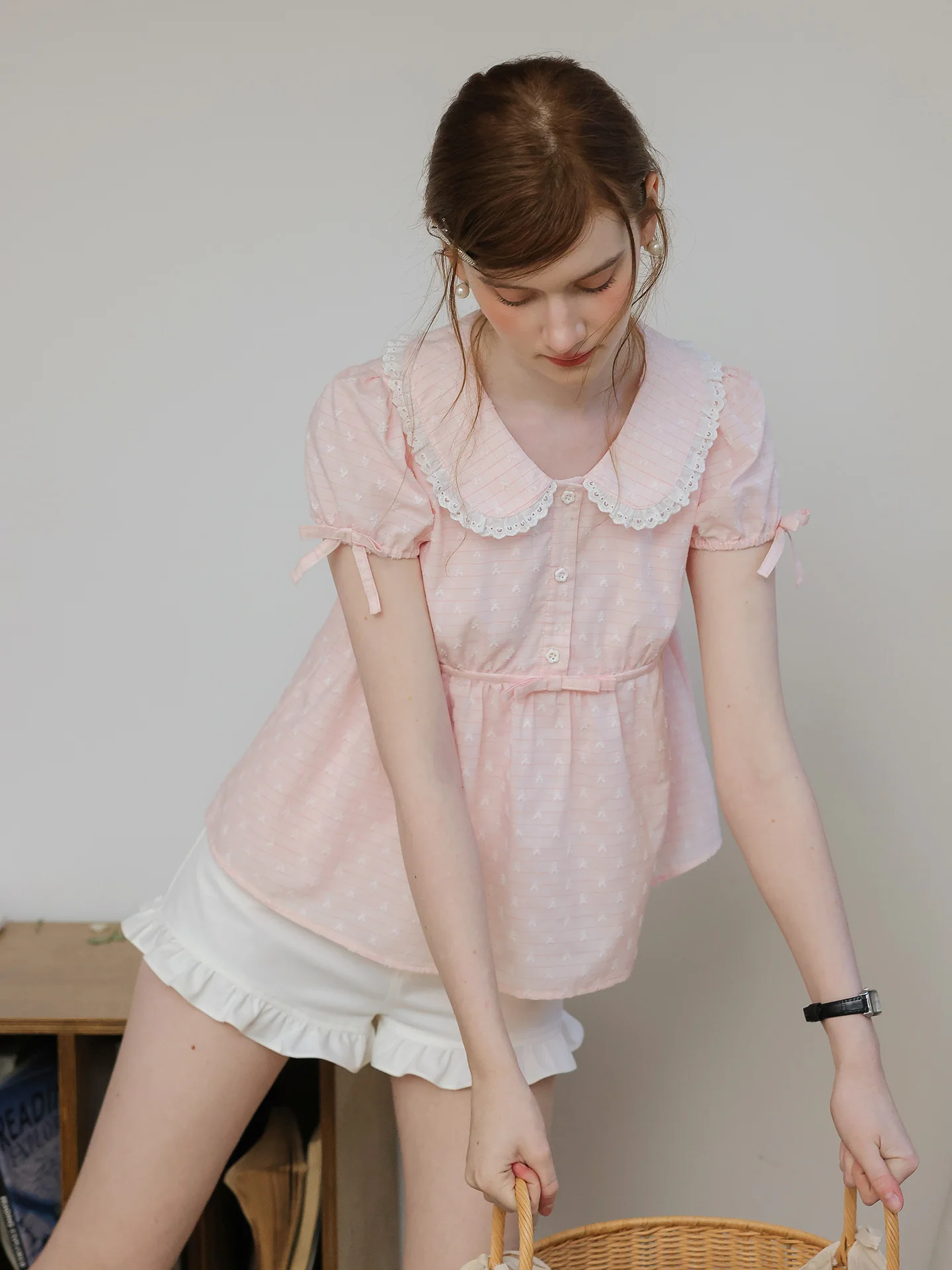 Pink Floral Embroidery Doll Collar A-Line Shirt Women's Summer Bubble Sleeve Waist Cinched Cotton Blend Breathable Casual Shirt