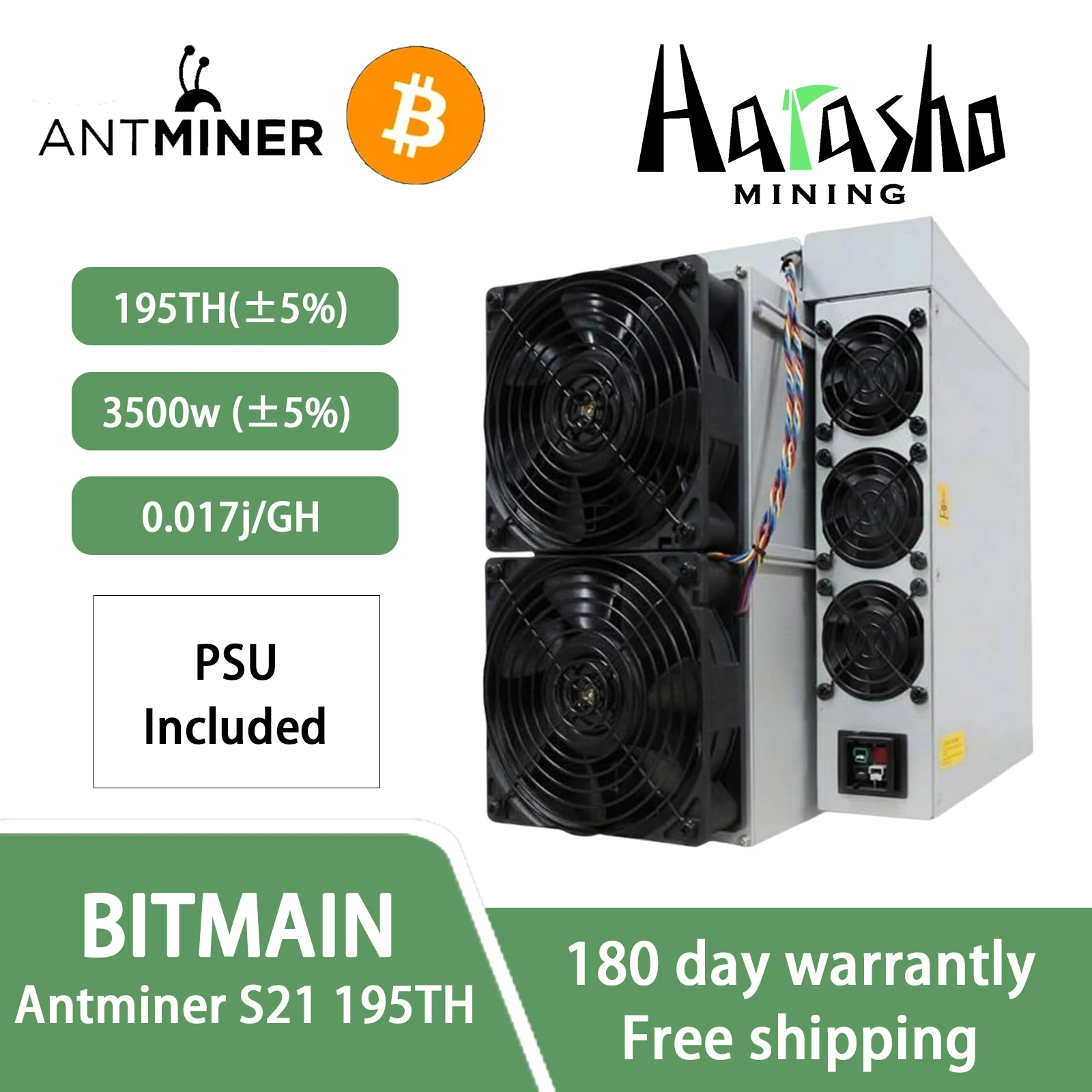 New Bitmain Antminer S21 195Th/s 3500W Consumption BTC Miner SHA-256 Algorithm Asic Miner with PSU In Stock