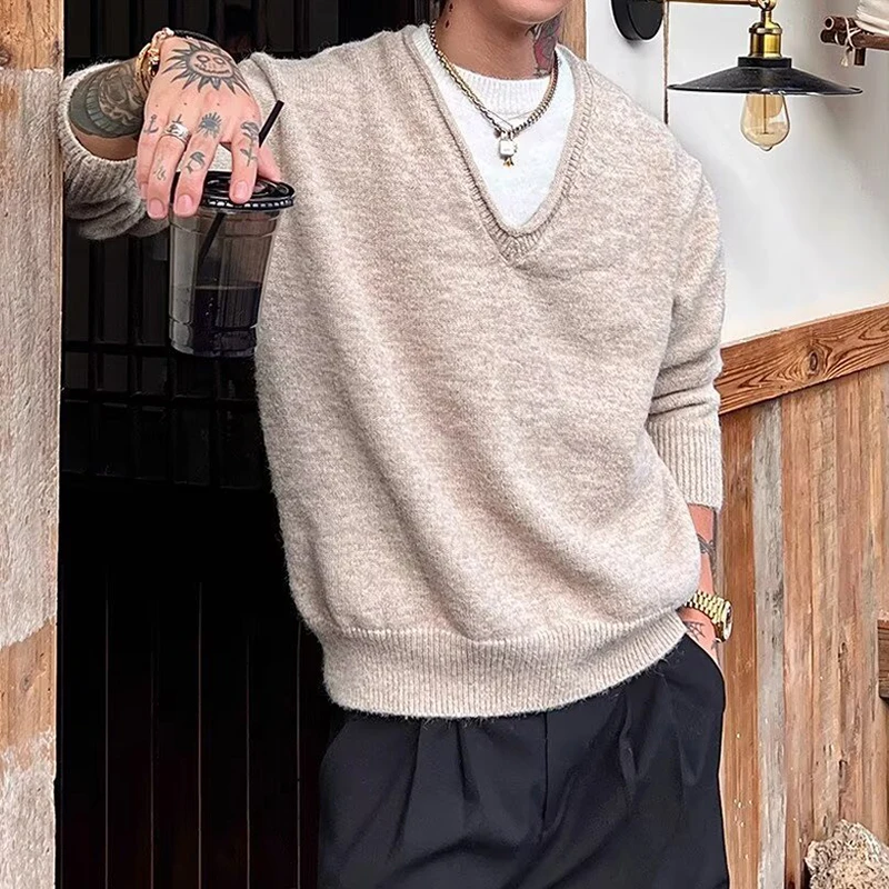 مزدوجة الطبقات المرقعة البلوزات الرجال Vintage سليم كم طويل الحياكة تي شيرت رجالي 2026 ربيع الخريف العصرية متماسكة البلوز القمم