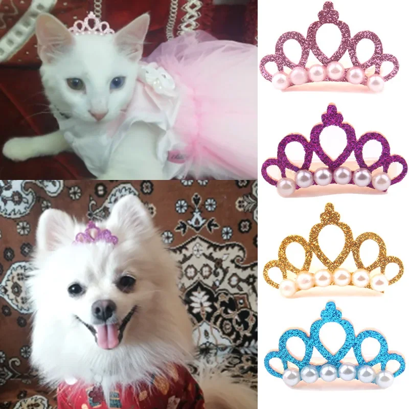 2pcs/set Cute Pet Dog Hair Clips Small Dogs Faux Pearl Crown Shape Bows Hair Clips Cat Hair Grooming Headdress Pet Accessoires