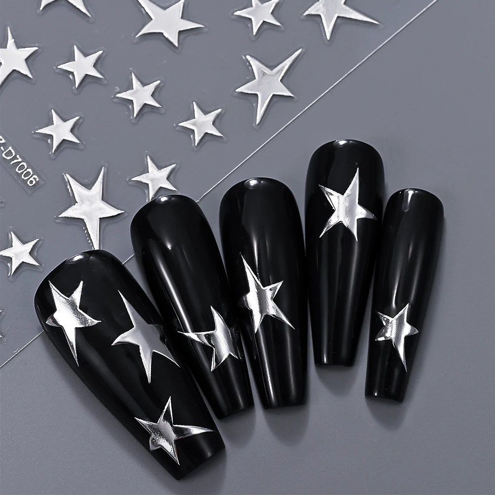 1Pcs 3D Metal Silver Irregular Star Nail Art Sticker Y2K Pentagram Adhesive Slider Five-Pointed Stars Manicure Decoration Decals