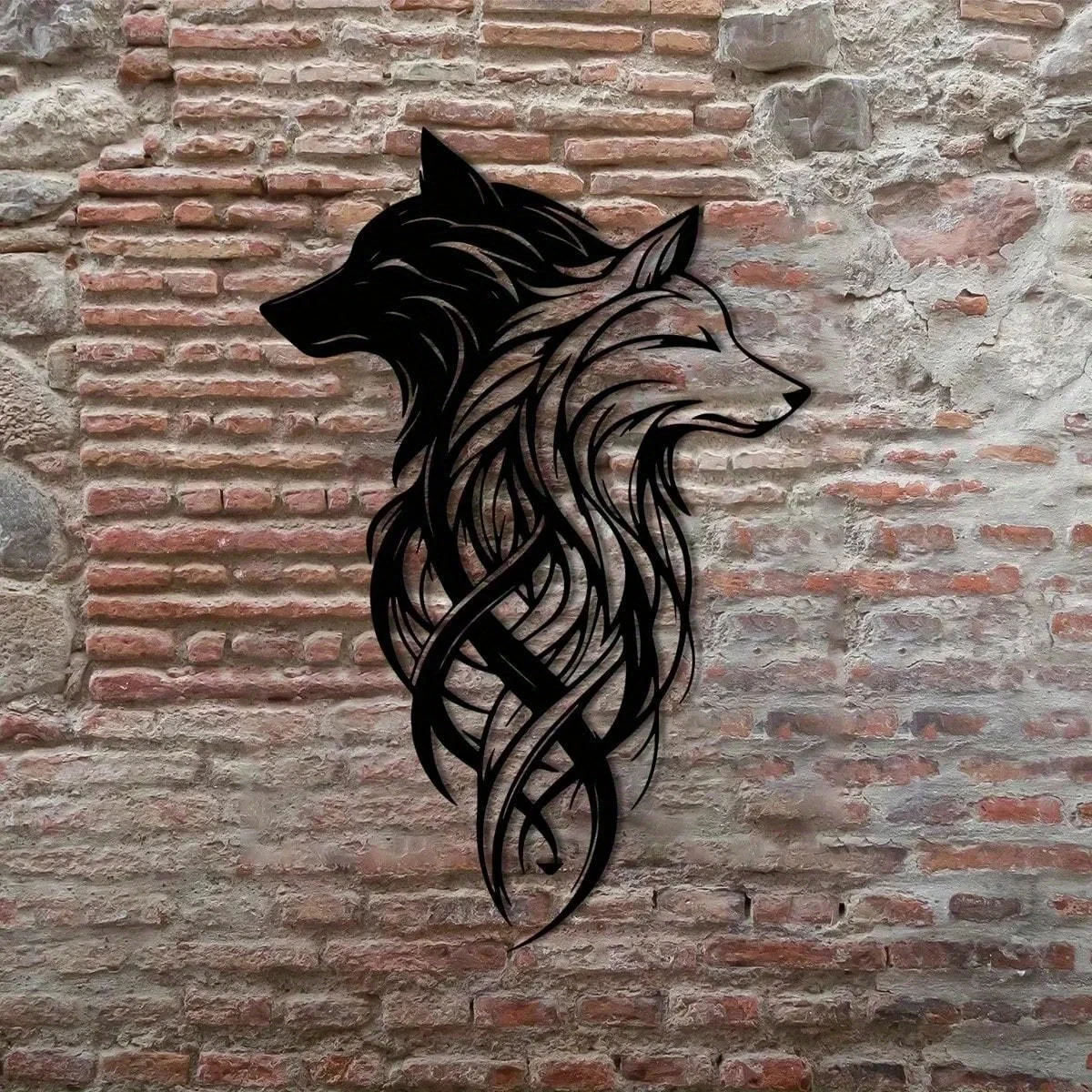 Wrought Iron Double Wolf Shadow Metal Wall Sculpture Set Black and White Wolf Head Art Decoration Suitable for Living Room, Office, Holiday Gift