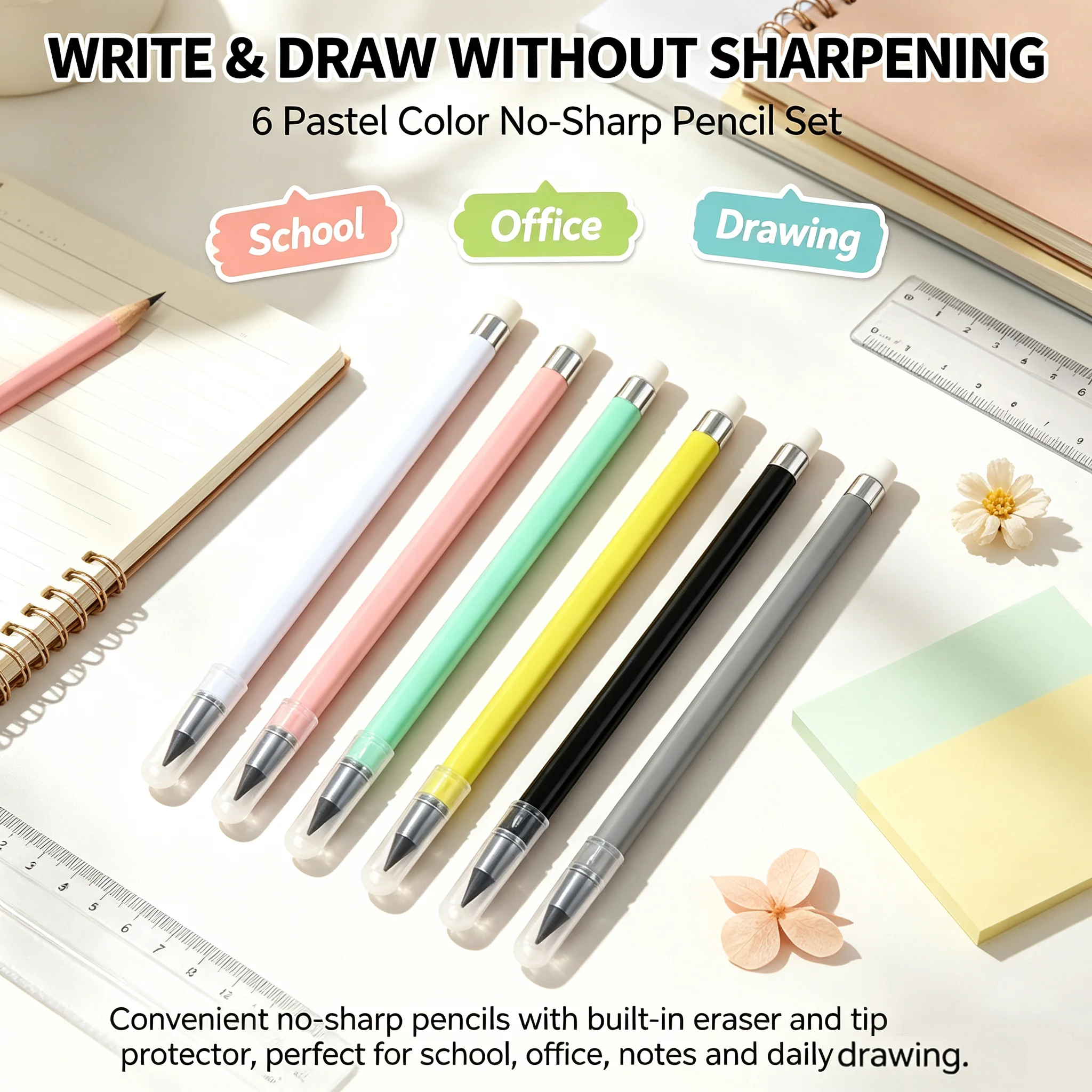 6Pcs/Set Eternal Pencil, Unlimited Writing HB Pencil, No Ink, Reusable Art Drawing Pen for School Office Stationery Supplies