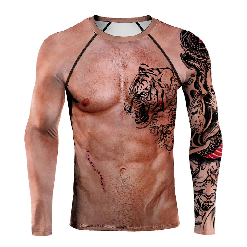 Muscle Tattoo Mens Compression T-shirts Long Sleeve Wolf Dragon Sportswear Rashguard Fitness Gym Tops Tees Streetwear T-shirt image 4