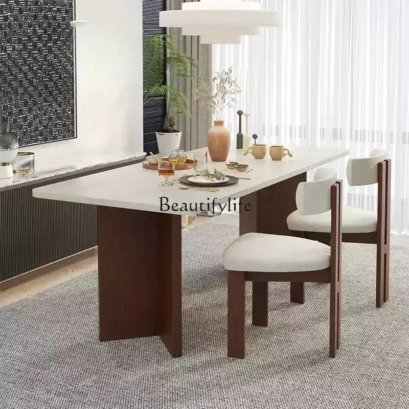 

Medieval style natural travertine rectangular rock slab dining table and chairs cream style retro solid wood dining table