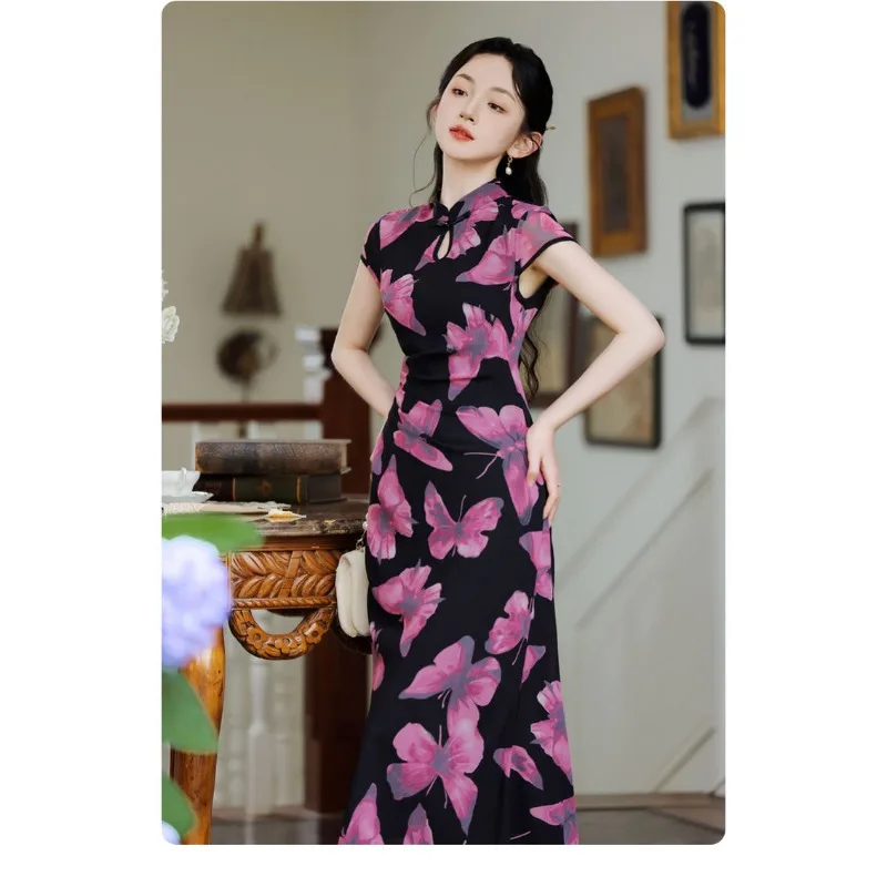 

Original Sexy Pink Butterfly Printed Black Short Sleeved Long Cheongsam Dress Women Elegant Slim Qipao Modern Vestidos Chinos