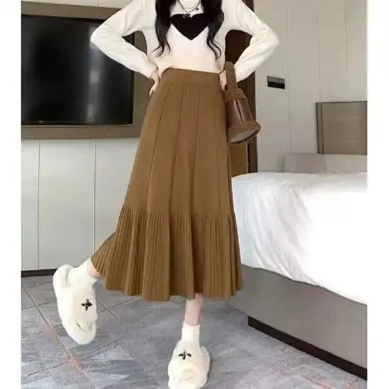 

Women's Knit A-Line Skirt High Waist Mid-Length Flowy Pleated Slim Fit Autumn Winter Skirts