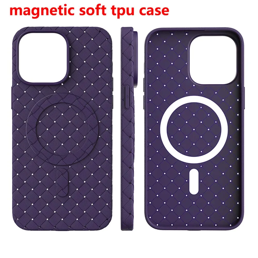 Fashion Magnetic Charge Weave Case For iPhone 16 15 14 13 12 11 Pro Max For Magsafe Thin Knit Style Soft Tpu Cover Skin