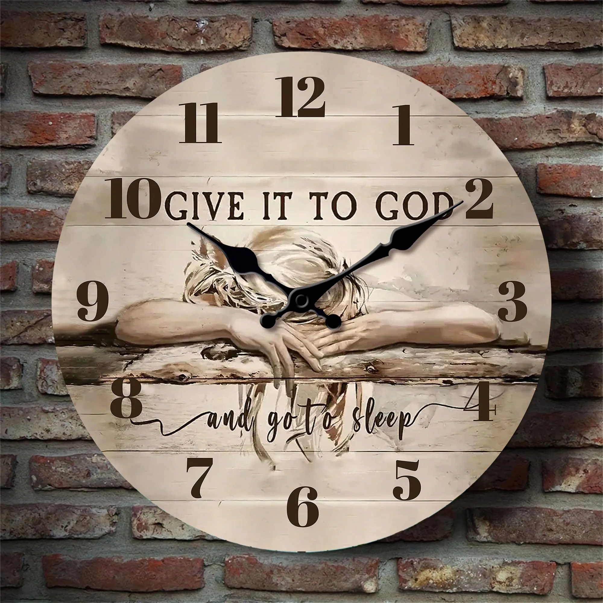 1pc runde hölzerne Wanduhr, "gib es Gott und geh schlafen" Muster Design Wanduhr, stille Uhr, geeignet für Wohnzimmer