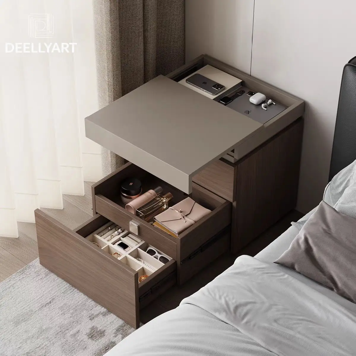 HYS bedside table Solid wood Italian bedside table Multifunctional storage Premium locker Safe New bedroom secret compartment
