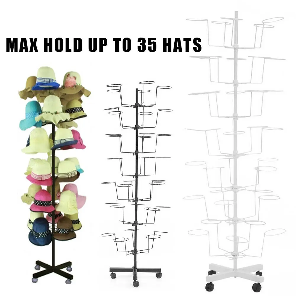 

Black Hat Display Stand Adjustable Hat Cap Rotating Metal Display Stand Hanger Rack Space Saver with 4 Wheels for Retail Store