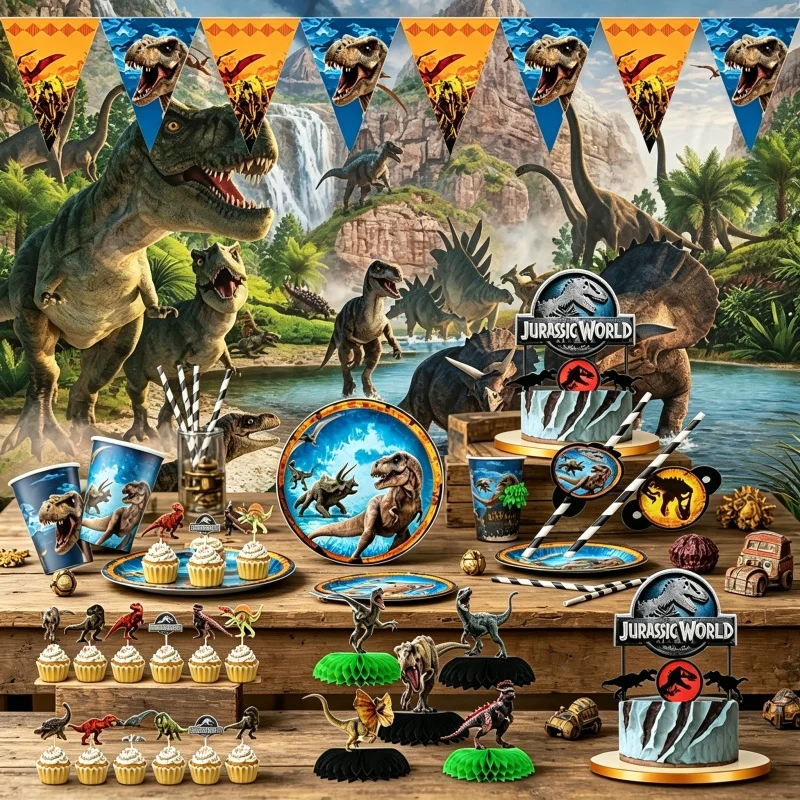 Warner Bros. Jurassic Park Dinosaurier-Kombination: Waben-Spiralteller, Einweggeschirr für Themen-Geburtstagsfeiern, Szenendekoration