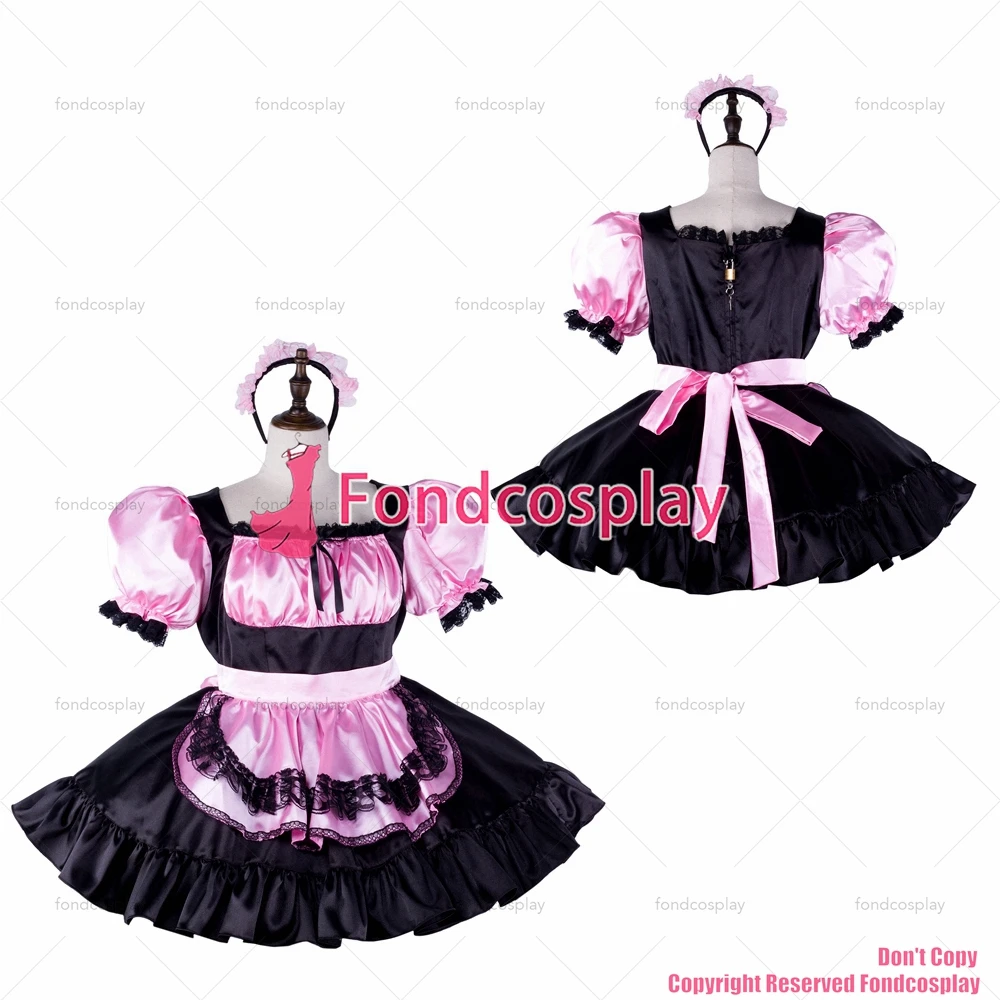 fondcosplay adult sexy cross dressing sissy maid short pink black satin dress lockable apron Uniform costume CD/TV[G2330]