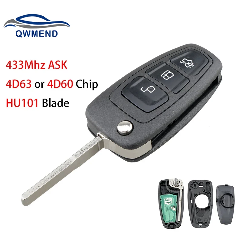 

QWMEND 3 Buttons ASK Remote Key for Ford C-Max Focus Fiesta Mondeo 4D63 or 4D60 Chip 433Mhz Smart Flip Car Key