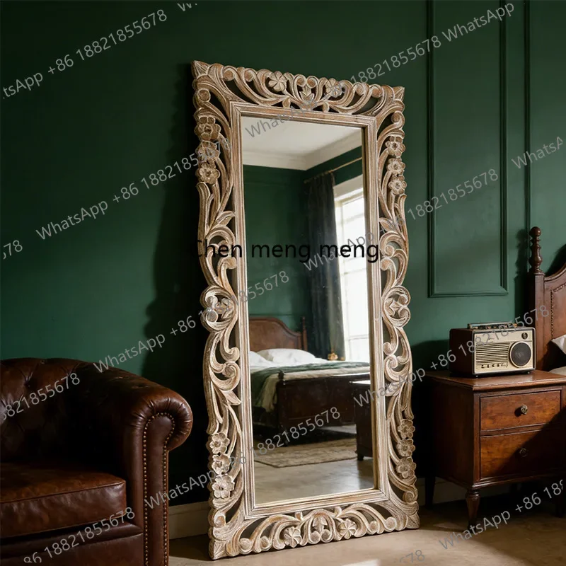 European retro palace full-body mirror carved frame square fitting mirror living room bedroom floor decorative mirrora139