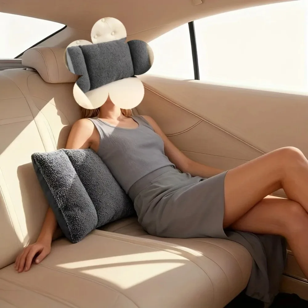 Cozy Ergonomic 3-Segment Lumbar Pillow Fleece Soft Back Support Cushion Extended Solid Color Car Seat Cushion Office Chair