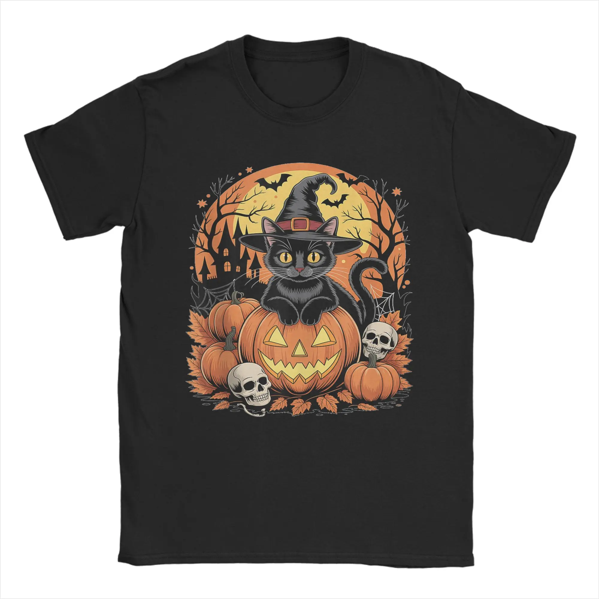 

Men's Retro Black Cat Witch Scary Halloween Pumpkin T Shirts Cotton Clothes Vintage Short Sleeve Crewneck Tees Printing T-Shirts