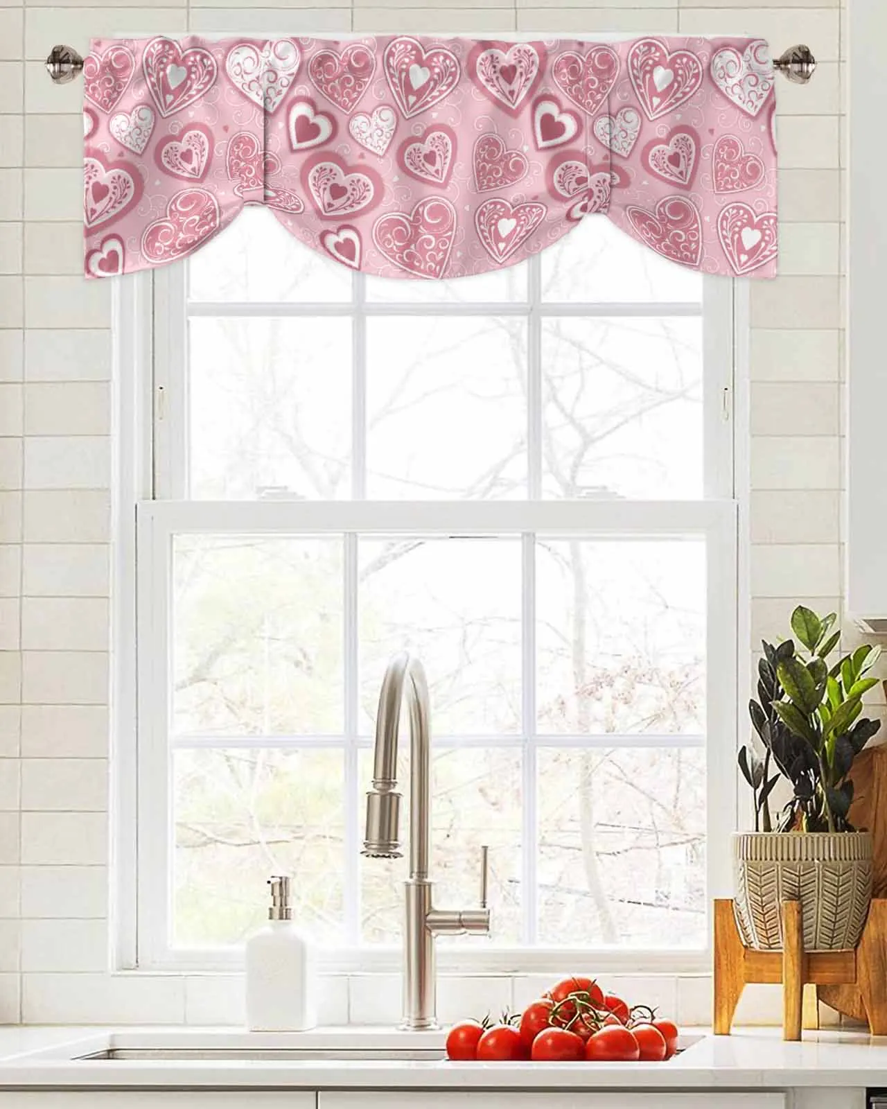 Valentine'S Day Love Pink Window Curtain Living Room Kitchen Cabinet Tie-up Valance Curtain Rod Pocket Valance