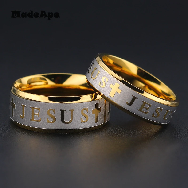 MadApe Classic Jesus Ring Stainless Steel Cross Ring Gold Color Women Wedding Rings For Womne Men Prayer Ring