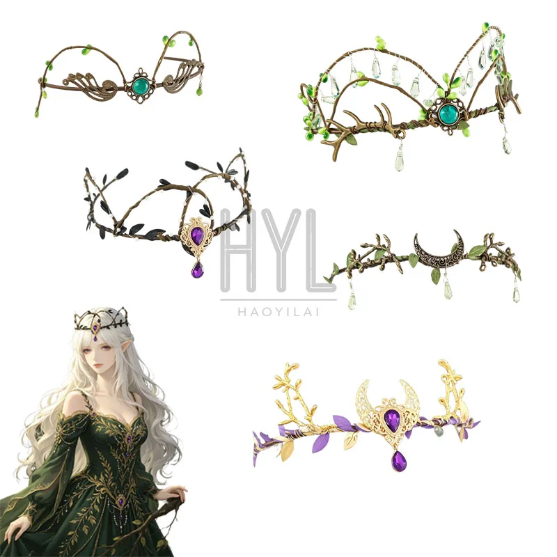 Retro Moon Goddess Headband Forest Elf Queen Circlet Tree Branch Leaf Wreath Headpiece Fairy Cosplay Hair Accessories for Women