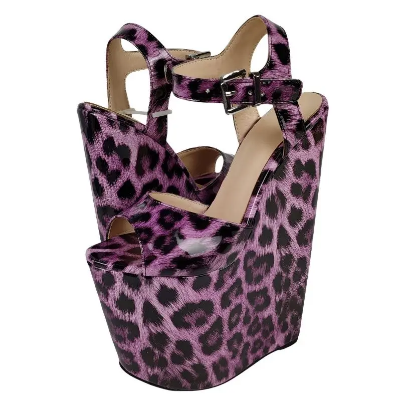 SHOFOO Sexy women's high-heeled sandals. Purple leopard print shiny leather sandals. About 20cm heel height. Buckle sandals.
