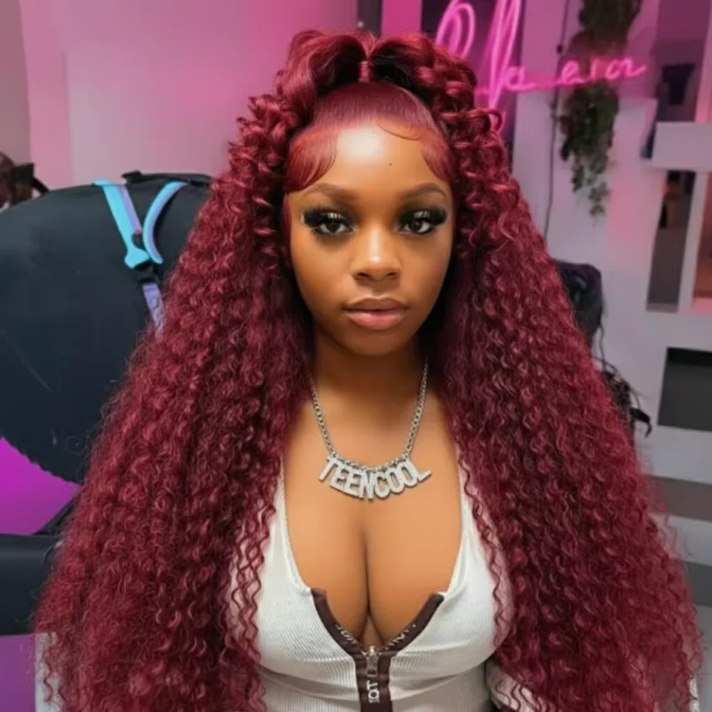 

16-34 Inch 99J Burgundy Deep Wave Water Curly Human Hair Wigs 13x4 HD Lace Frontal 200% Density For Women Natural Looking