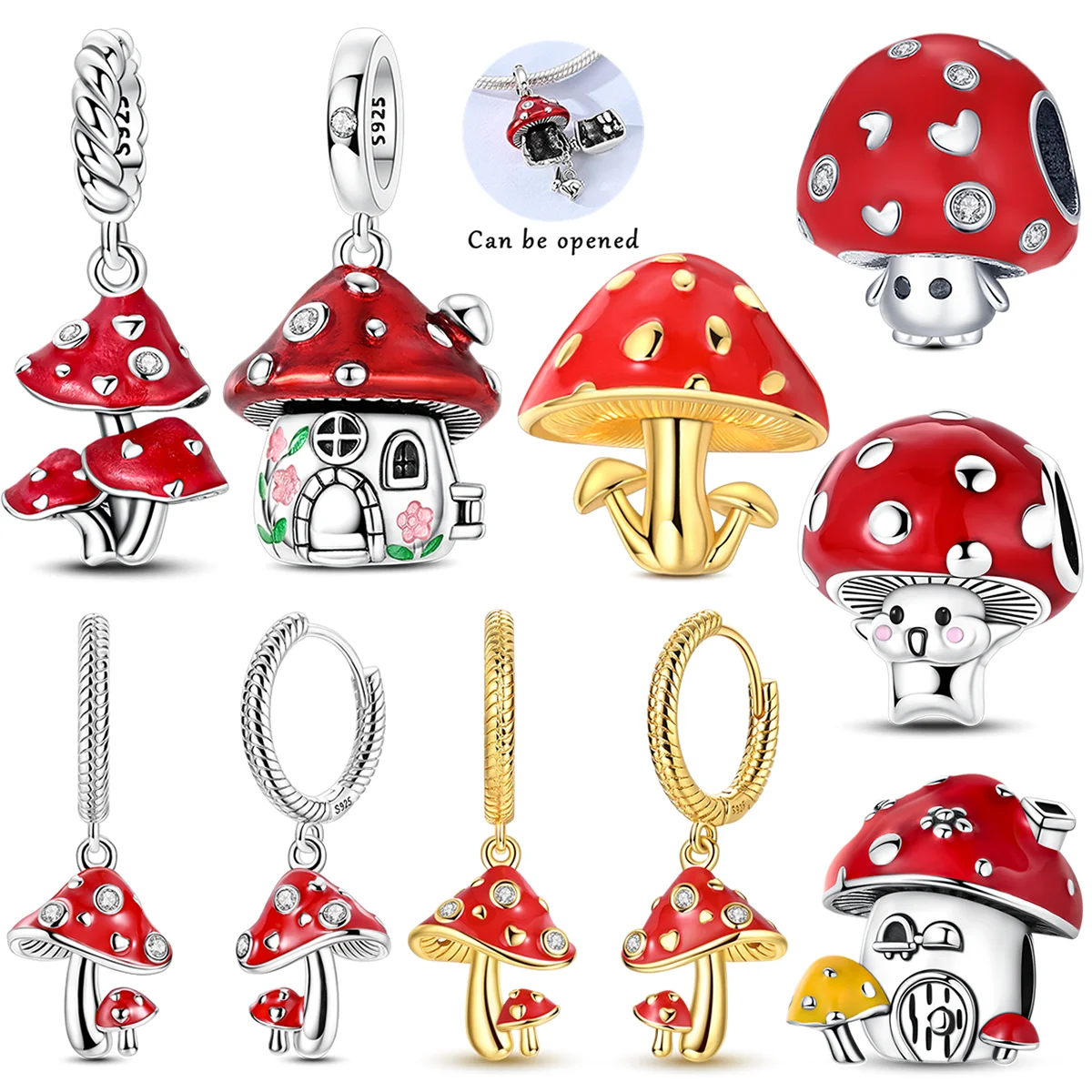 

Red Mushroom Charms Bead 925 Sterling Silver CZ Zircon Cute Mushroom House Pendants Fit Original Bracelet DIY Jewelry Gift