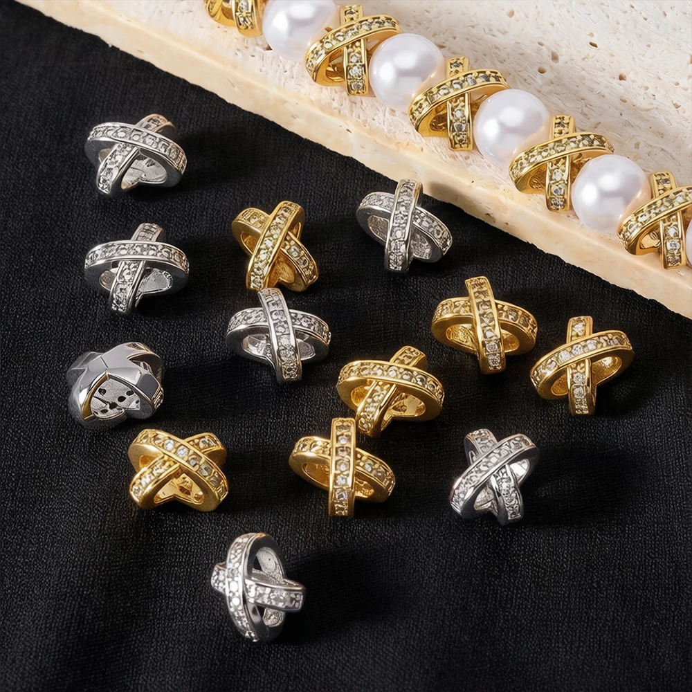 

5/10Pcs 18K Gold Plated Inlaid Zircon X-Shaped Loose Spacer Beads For Jewelry Handmade Making Bracelet Necklace DIY Accessories