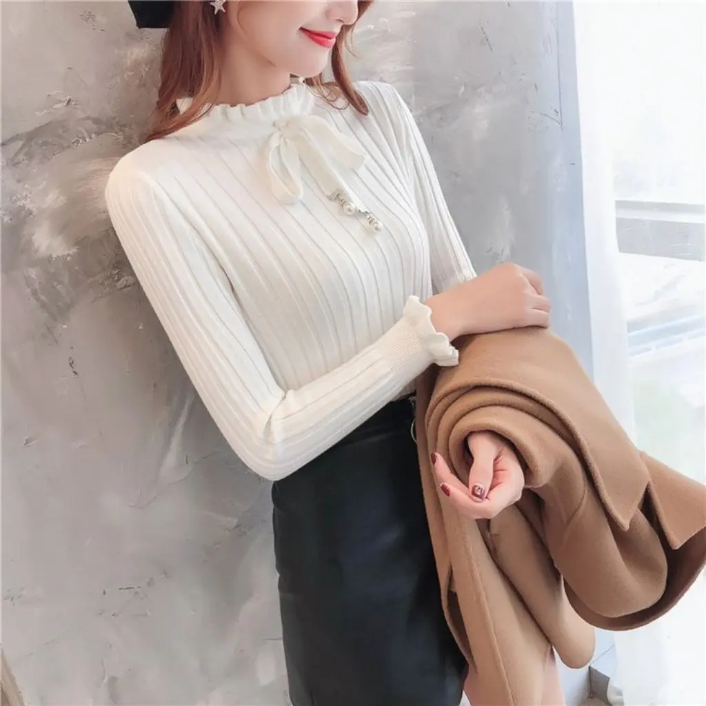 

Women's Knitted Sweater Slim-Fit Pullover Warm Base Shirt Top Korean-Style Ear-Rim round Neck Autumn Winter Fashion