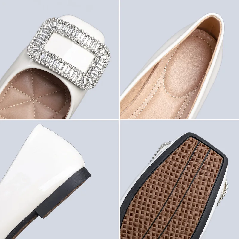 Plus Size 35-44 Women Flats Low Heel Pumps Office Lady Leahter Shoes Crystal Diamond Decorative Buckle Slip on Female Shoe