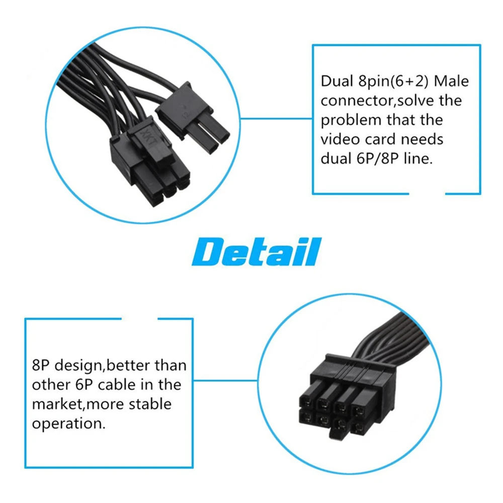 60cm 18AWG 8 Pin Male to Dual 8Pin(6+2) Male PCI-E Video Graphics Card Power Cable GPU Power Extension Cable Cord