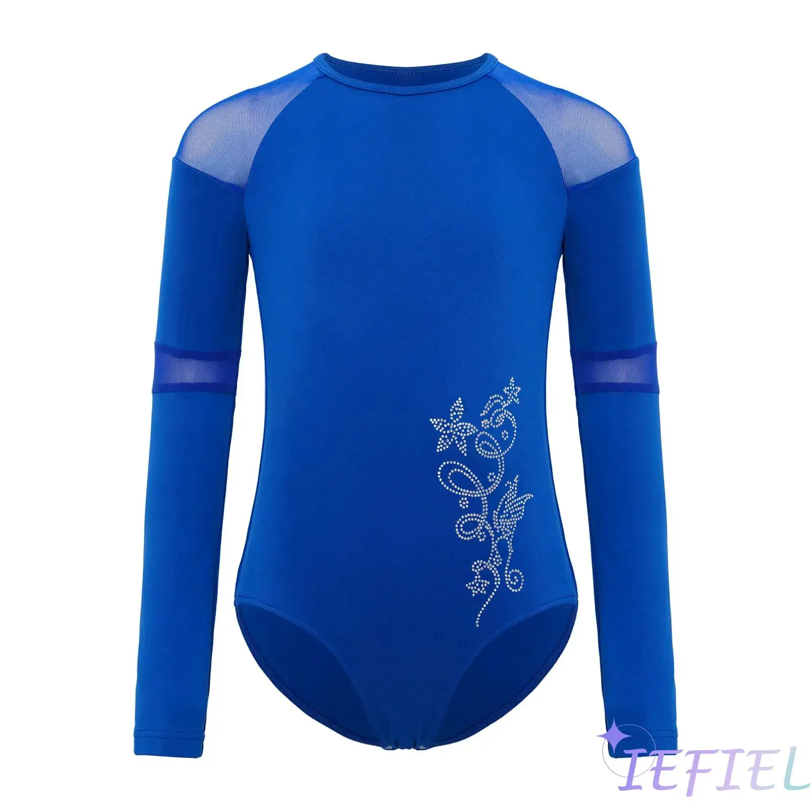 キッズガールズ体操フィギュアスケートダンス衣装ラウンドネックシアーメッシュパッチワーク長袖バレエダンスレオタードボディスーツ