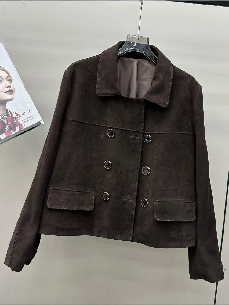 Autumn Women Suede Sheepskin Jacket Double Breasted Vintage Square Collar Design Genuine Leather Short Coat Long Sleeve Outwear