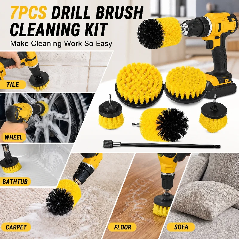 7 Piece Drill Brush Attachment Set with Extension Pole for Kitchen Bathroom Floor Automotive Cleaning