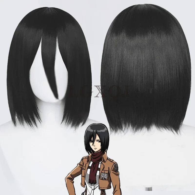 Anime Attack on Titan Mikasa Ackerman Cosplay Wig 35cm Short Bobo Black Cosplay Anime Cosplay Wig Heat Resistant Wigs + Wig Cap