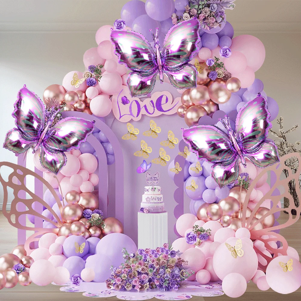 166Pcs Pink Purple Butterfly Balloon Garland Arch Kit Colorful Butterfly Foil Balloons Girls Birthday Wedding Baby Shower Decors