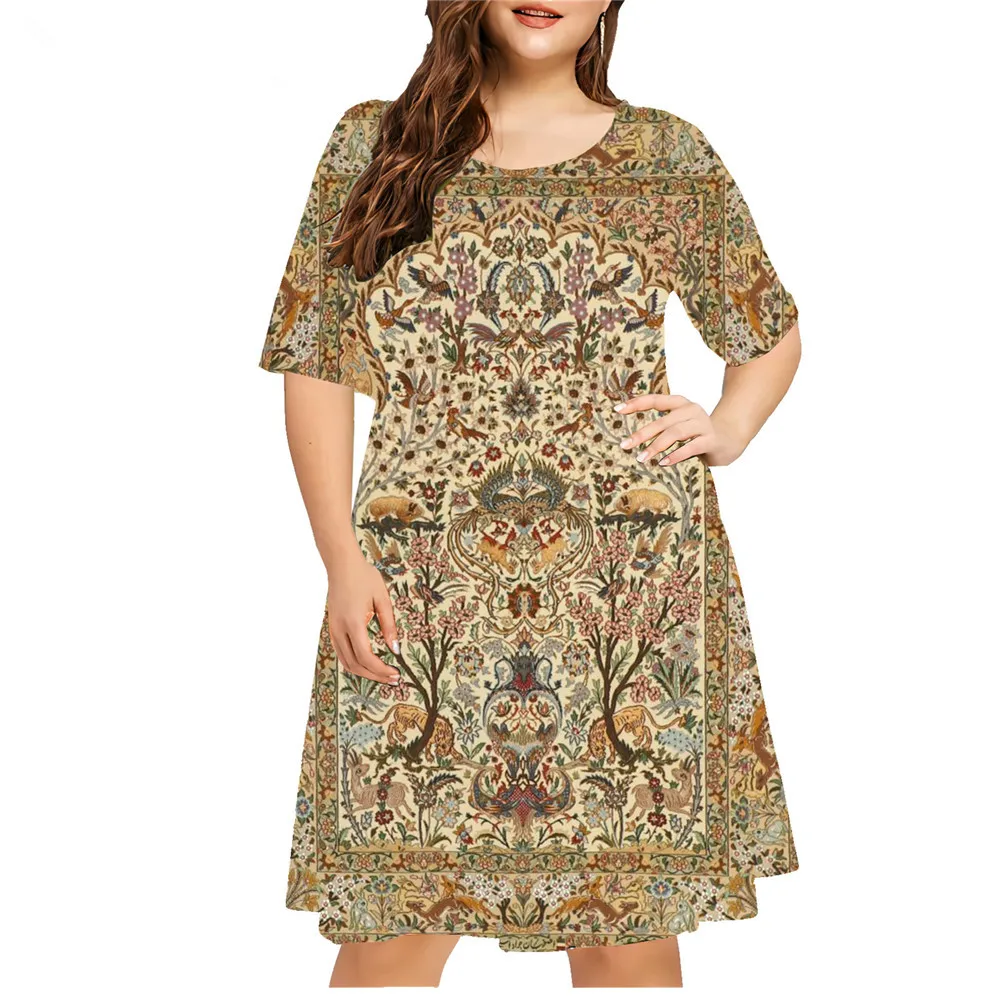 Ethnic Style Pattern 3D Print Dress Women Plus Size Casual Short Sleeve Loose A-Line Dress Summer Vintage Ladies Large Sizes 6XL