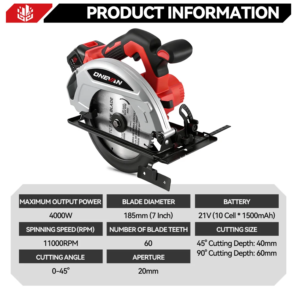 ONEVAN 7Inch 185mm Brushless Electric Circular Saw 11000RPM LED Cordless Efficient Woodworking Cutter For Makita 18V Battery Pin