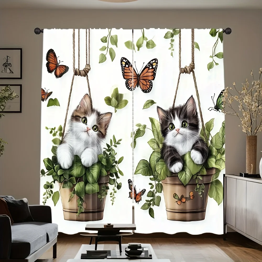 Cute Cat Curtains 2pcs – Kittens in Hanging Plant Pots with Butterflies, Whimsical Garden Art for Bedroom and Living Room Decor
