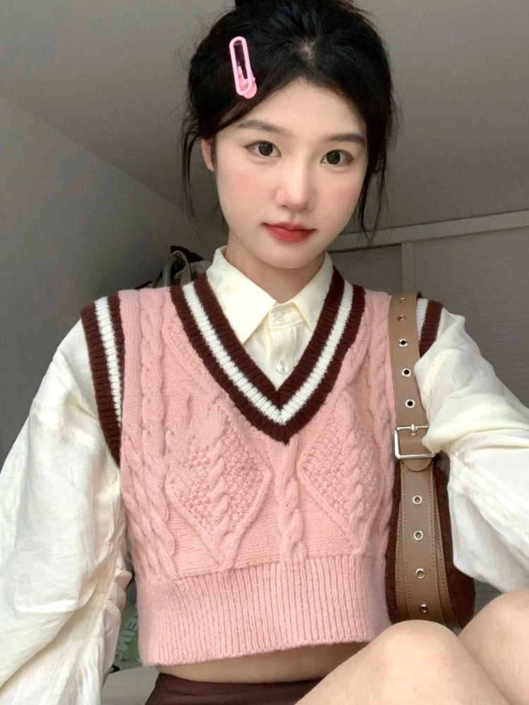 Sweater Vest Women Striped Knitting All-match Slim Cropped Sweet Spring V-neck Cozy Fashion Preppy Style Ulzzang Simple Pink Ins