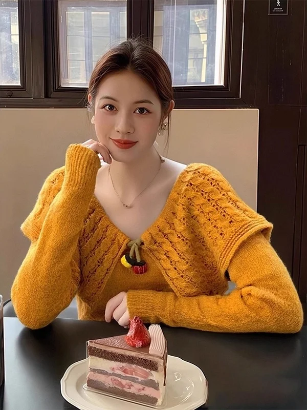 

Оранжевый ажурный вязаный шерстяной свитер для женщин, осенне-зимний, с большим воротником, базовая рубашка-топ в корейском стиле, свободный крой, длинный рукав