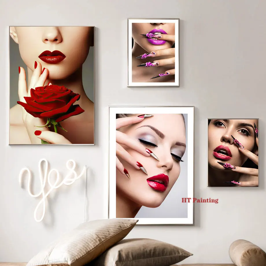 Beauty Salon Poster Fashion Nail Shapes Red Lips Canvas Painting Beautiful Makeup Girl Wall Pictures Home SPA Salon Decor