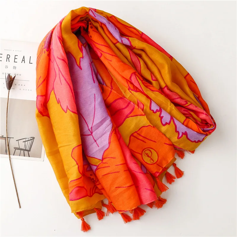 New Soft Cotton and Linen Feel Scarf Spring Summer Retro Bright Orange Flower Silk Scarf Sun Protection Cape Bib Decoration